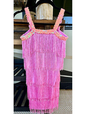 Pink Fringe Sequin Dress S Teens Strappy Sleeveless Square Neck Knee Stretch